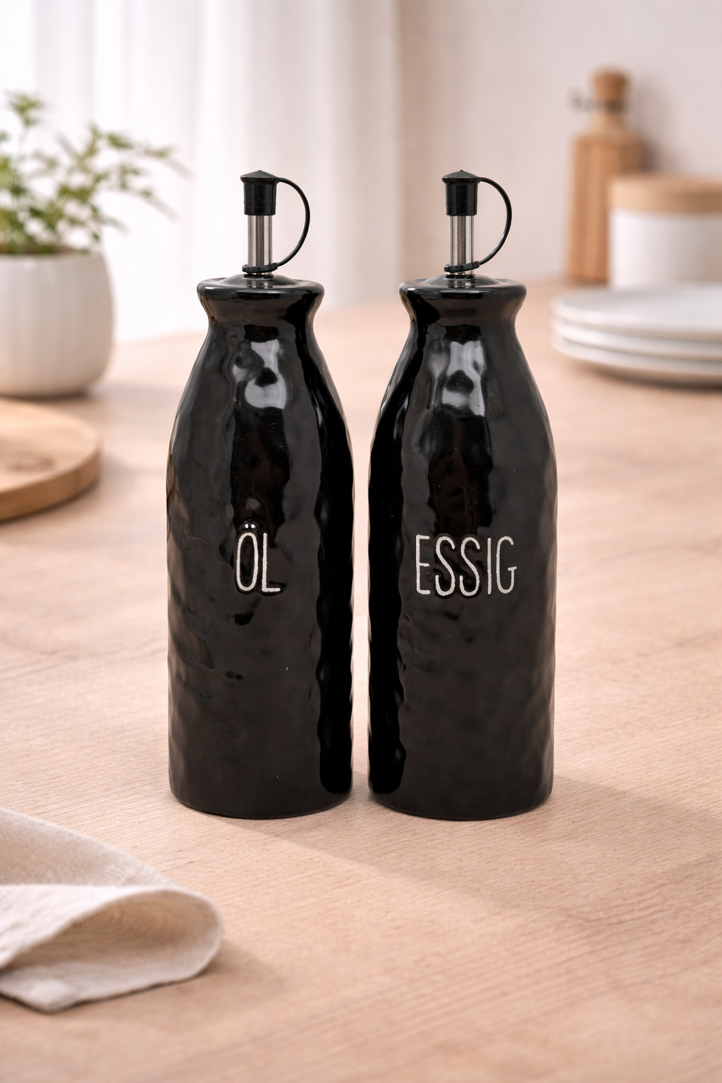 Ölspender und Essigspender Set Keramik 2-teilig schwarz – Bild 3